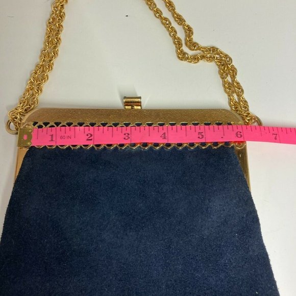 👜 Triangle New York Vintage Blue Suede Gold Tone - Picture 11 of 12